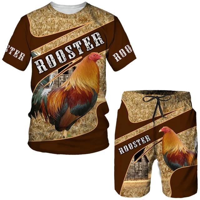Спортивный комплект, мужская одежда, летняя одежда ROOSTER RANCH GRASS с 3D принтом, повседневный мужской костюм из двух предметов, короткие наряды, футболка + шорты мужские