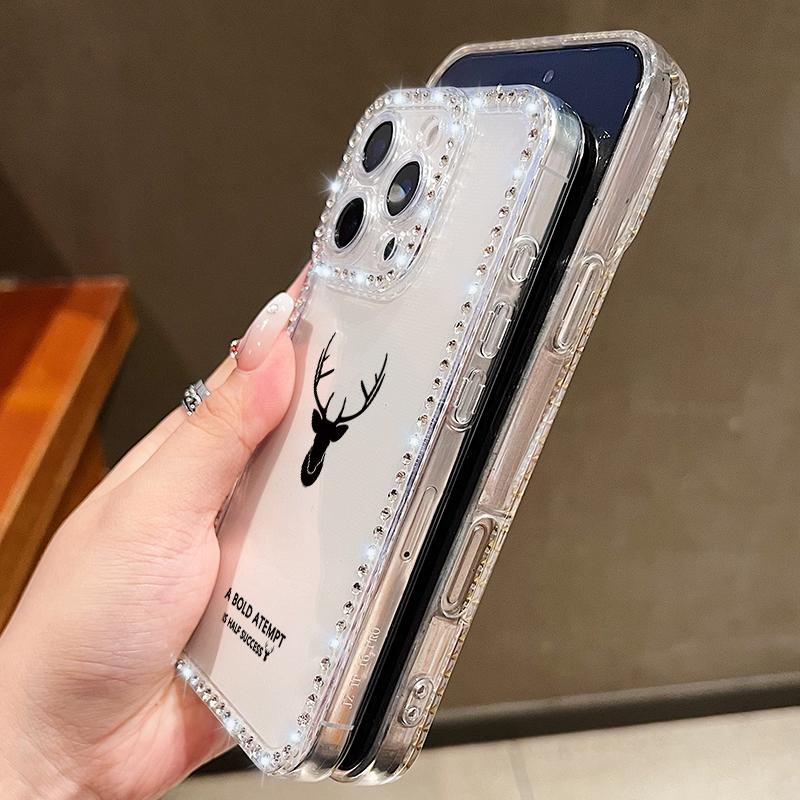 Простой противоударный чехол из мягкого силикона с принтом оленя для iPhone 16E 16 Pro 15 Pro Max 14 13 12 11, прозрачный чехол для телефона с ромбовидной рамкой, защита от падений