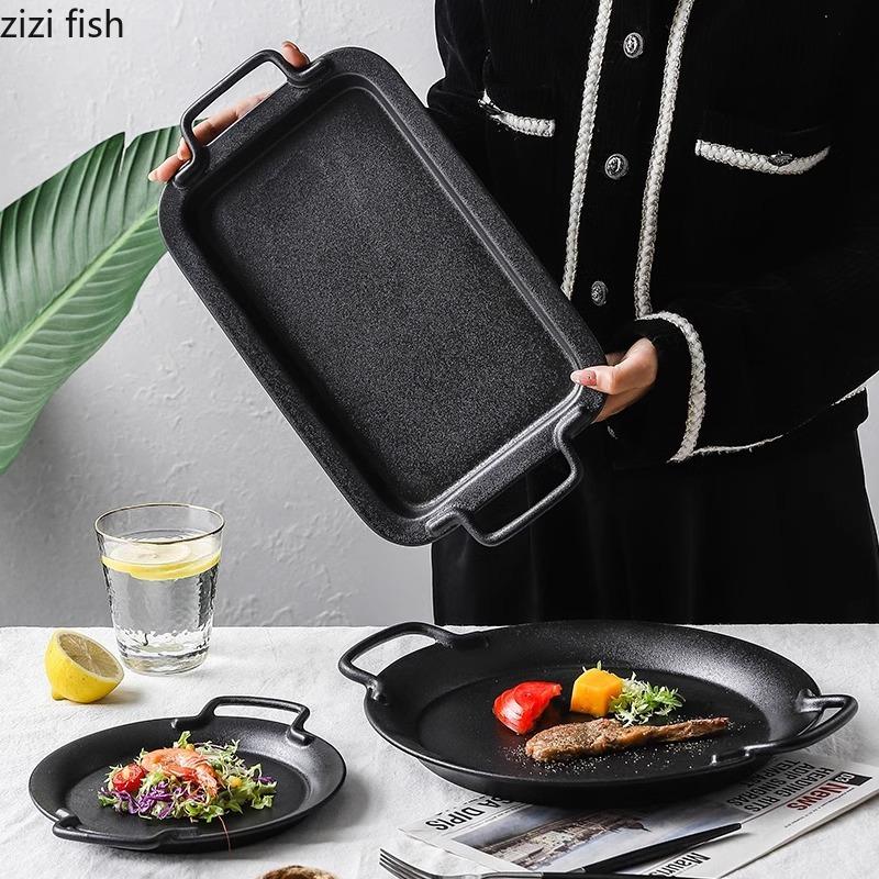 Черная матовая керамическая тарелка с двумя ручками, тарелка для стейка, тарелка для хлеба, десертные тарелки, тарелки для салата, специализированная посуда для молекулярной кухни