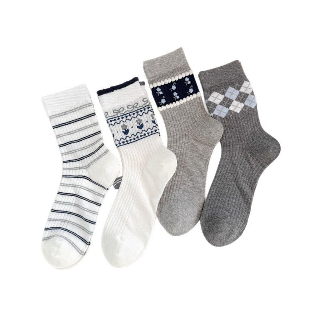 Small Flower Cotton Socks Grey Checkered Boneless Pile Socks New Mid-calf Socks Spring Summer