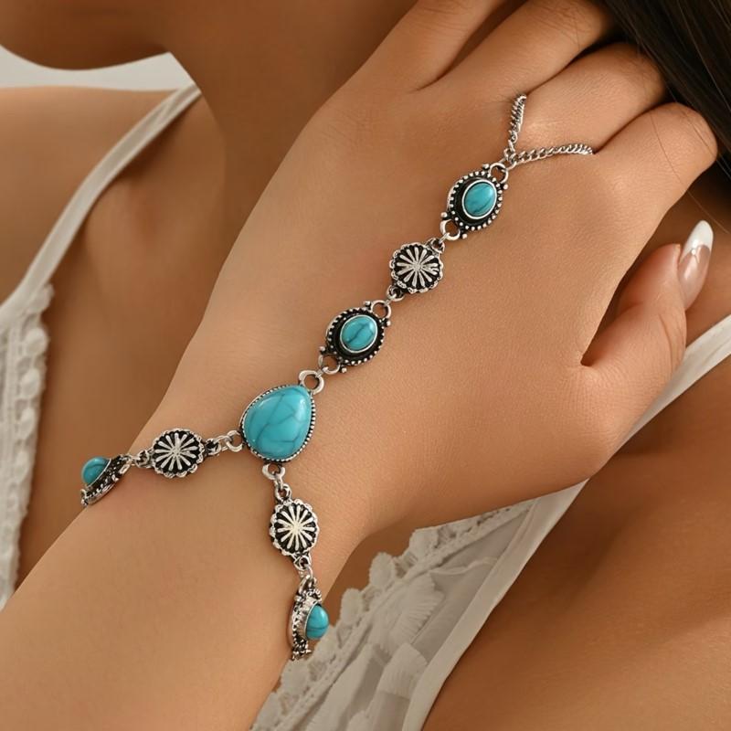 Vintage Ethnic Summer Bohemian Design Bracelet for Women Trendy Oval Cracked Imitation Turquoise Chain Ring Party Jewelry