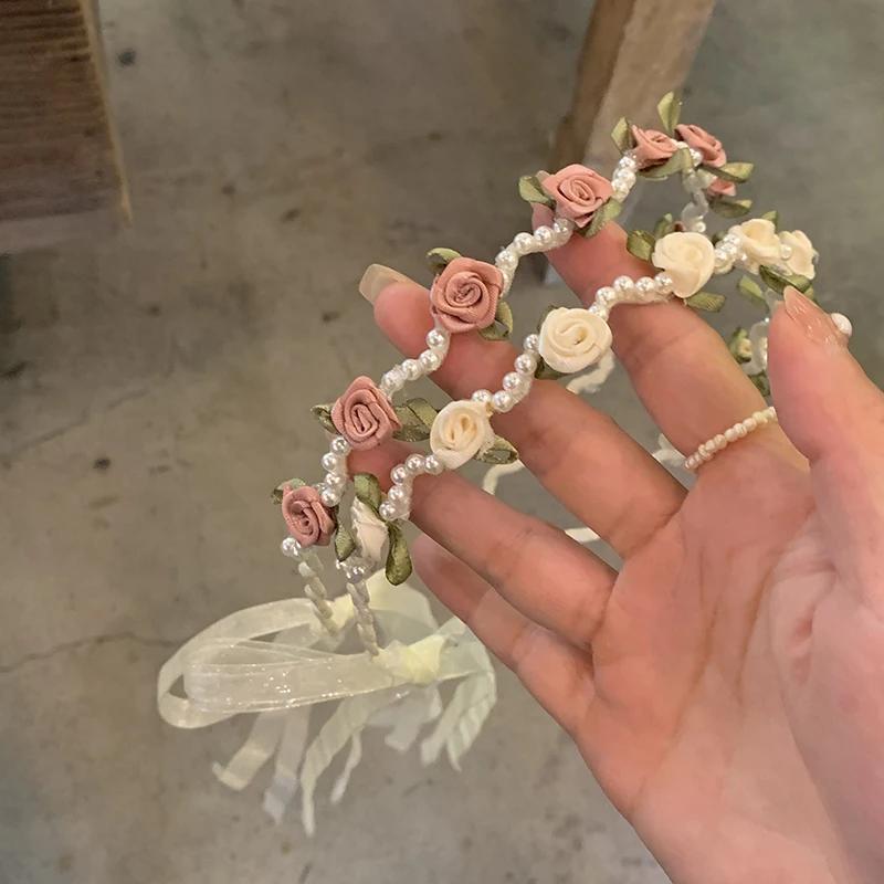 Детский бант для волос из жемчужного атласа с цветком, свадебный бант для девочки-цветочницы, цветочная лента для волос, милые модные аксессуары для волос