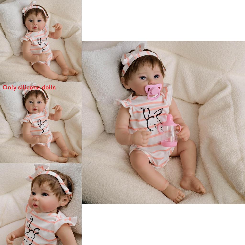 19inch Silicone Reborn Baby Doll With Striped Headband And Rabbit Print Clothing Decorationfor Collectors And Gift Givers