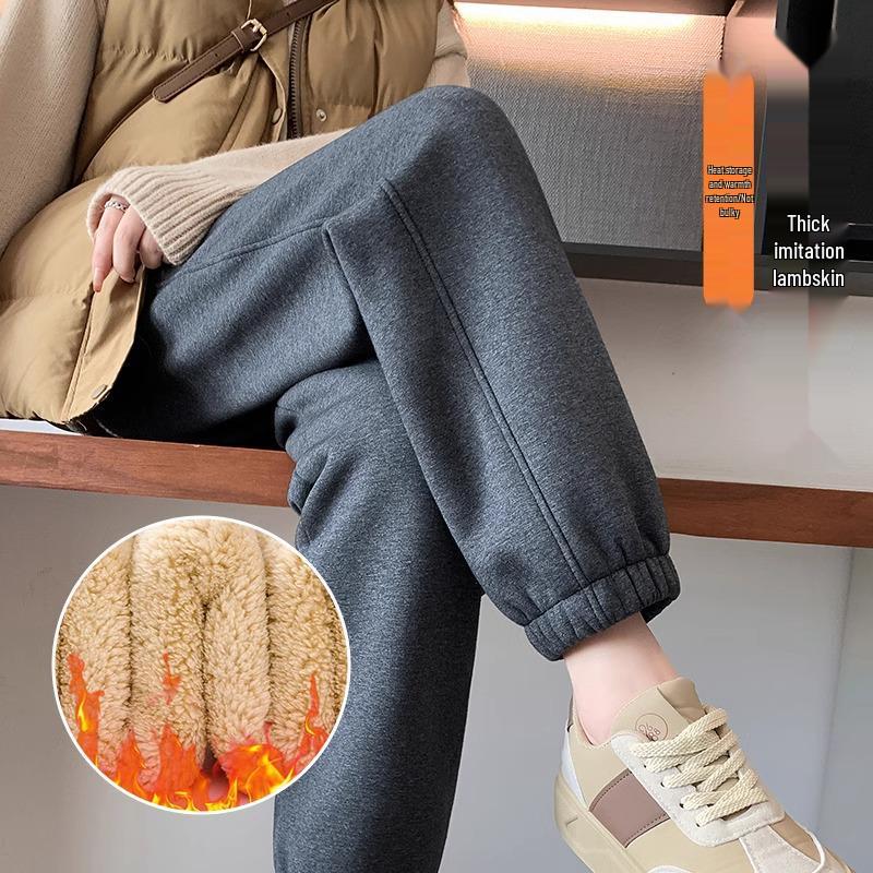 Женские флисовые спортивные штаны с высокой посадкой и манжетами - Толстые серые джоггеры для осени/зимы 2024