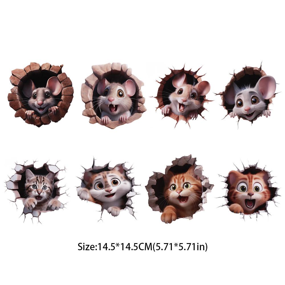 3D Mouse and Cat Stickers PVC 3D Self Adhesive Decals Funny Mouse Hole Wall Sticke  Living Room