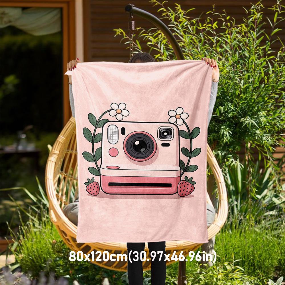 1pc Camera Strawberry Outdoor Flannel Blanket Soft Warm All-Season Throw for Sofa Bed Car Camping Office, Cozy Gift Idea1197S