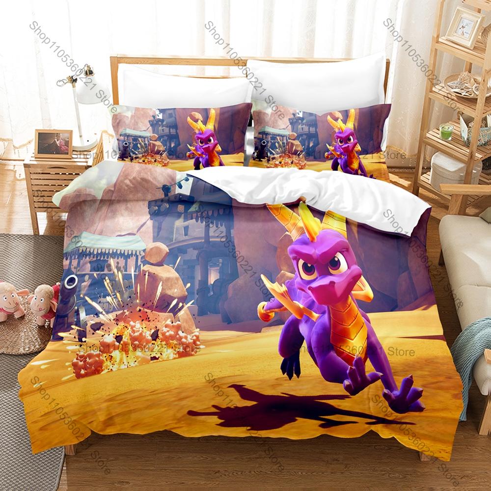 Classic Dragon Game Bedding Set, Duvet Cover & 2 Pillowcases, Iconic Spyro Design Comfortable Home Bedding Supplies