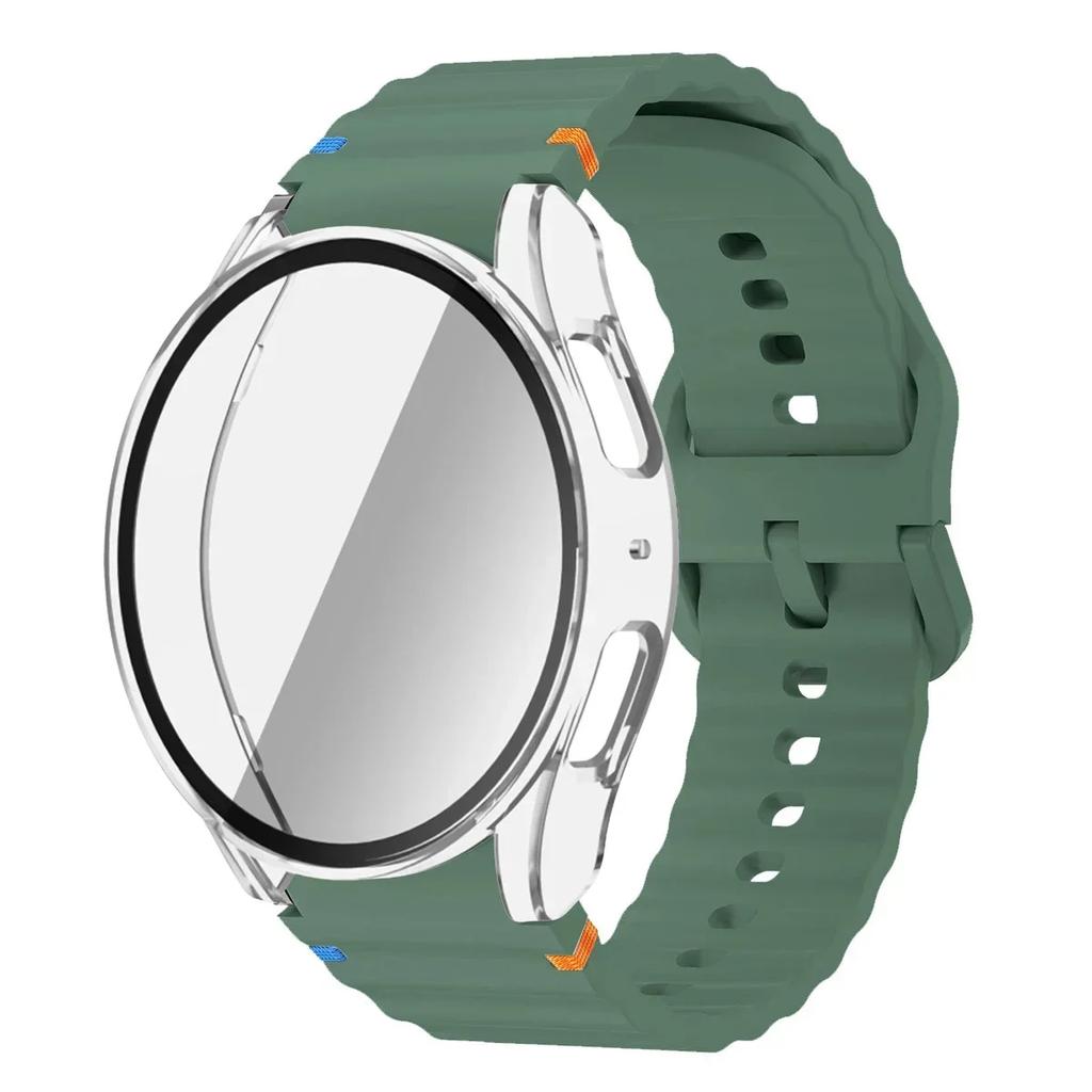 Чехол+Ремешок для Samsung Galaxy Watch 7 6 5 4 40мм 44мм Силиконовый Браслет Защитная Пленка для Экрана из Закаленного Стекла Бампер