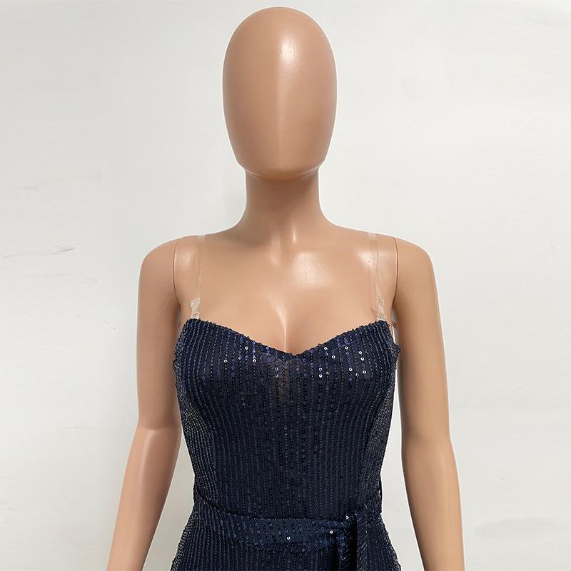 Женский комбинезон без рукавов с поясом из пайеток, однотонный, с открытой грудью и спиной