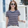 Women's Summer Casual Loose Shirt Solid Pattern Striped Short Sleeve Pullover with Round Neck Versatile Y2K Style Tops