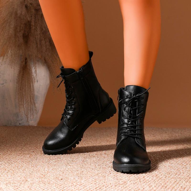 Черные современные ботинки из искусственной кожи для женщин Осень Зима На шнуровке Платформа Ботильоны Женские На молнии Короткие плюшевые ботильоны Женские