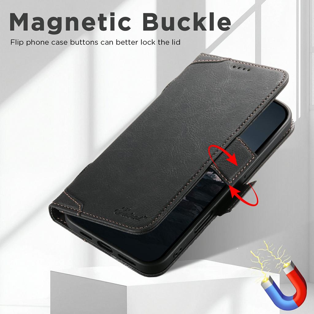 SUTENI J07 For iPhone 17 Pro Max Case Compatible with MagSafe Litchi Texture Leather Wallet Phone Cover