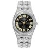 Men's Diamond Quartz Watch Waterproof Iced Out Wristwatch with Roman Numeral Dial, Gold/Silver Bling Hip Hop Watch for Men