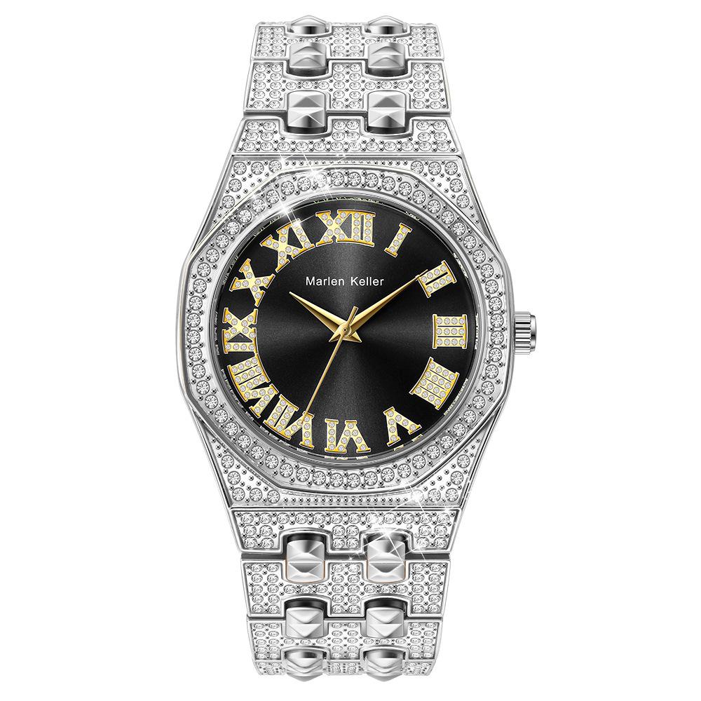 Men's Diamond Quartz Watch Waterproof Iced Out Wristwatch with Roman Numeral Dial, Gold/Silver Bling Hip Hop Watch for Men