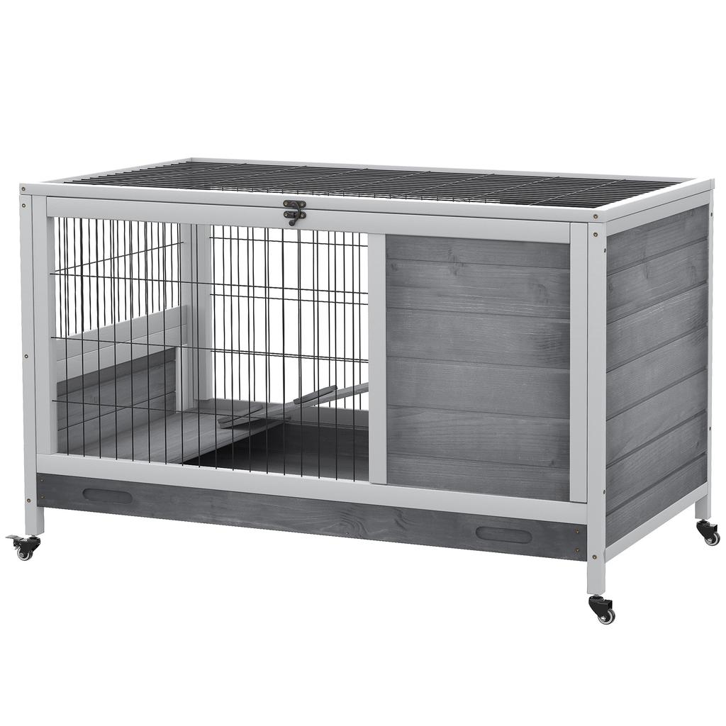 Wooden Rabbit Hutch With 4 Wheels Rabbit House And Ramp 90x53x59cm Gray