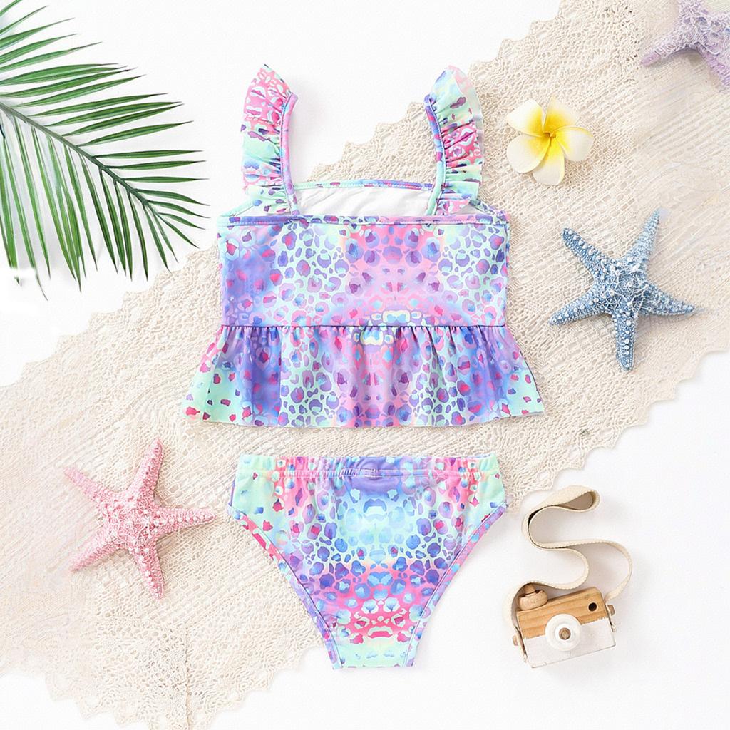 Купальники для девочек с оборками по подолу, симпатичные, красочные, с леопардовым принтом, купальники из 2 частей, для детей от 4 до 10 лет, гавайский комплект бикини