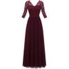 Women V-neck 3/4 Sleeve Gown Dress Crochet Lace Mesh Stitching High Waist A-Line Maxi Dress Backless Solid Color Long Dress