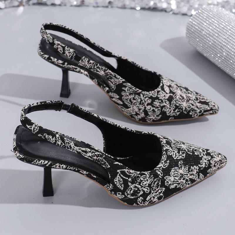 Fashion European American Sandals Large Size 2025 Spring New Style Pointed Print Fine Heel Women's Casual Sandals Designed Empty Rear