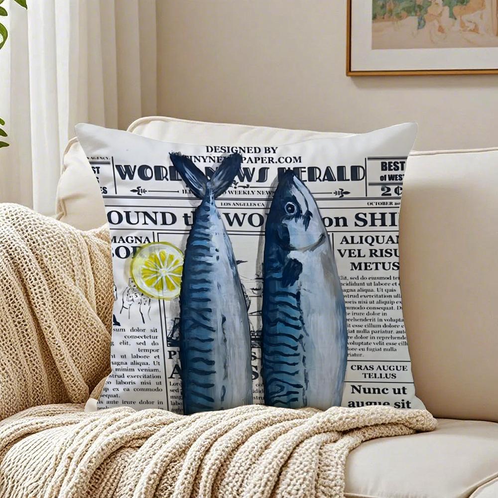 Colorful Sardine Lobster Pattern Art Cushion Cover Linen Pillowcase Soft for Sofa Bed Home Room Decor