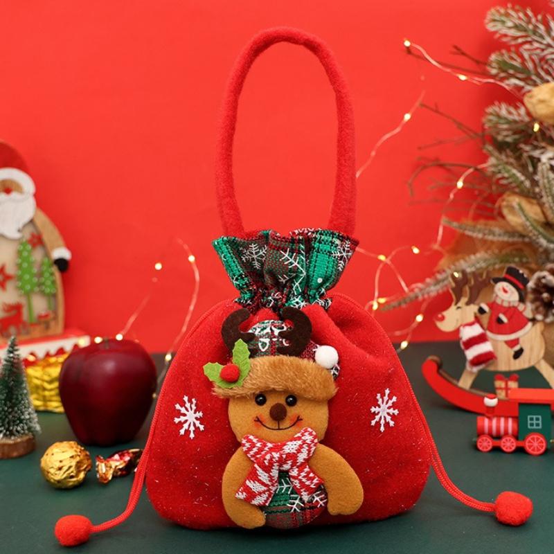 Christmas Apple Gift Bag Knitted Plush Santa Snowman Reindeer Bear Handbag Xmas Eve Candy Present Bag Holiday Party Decor