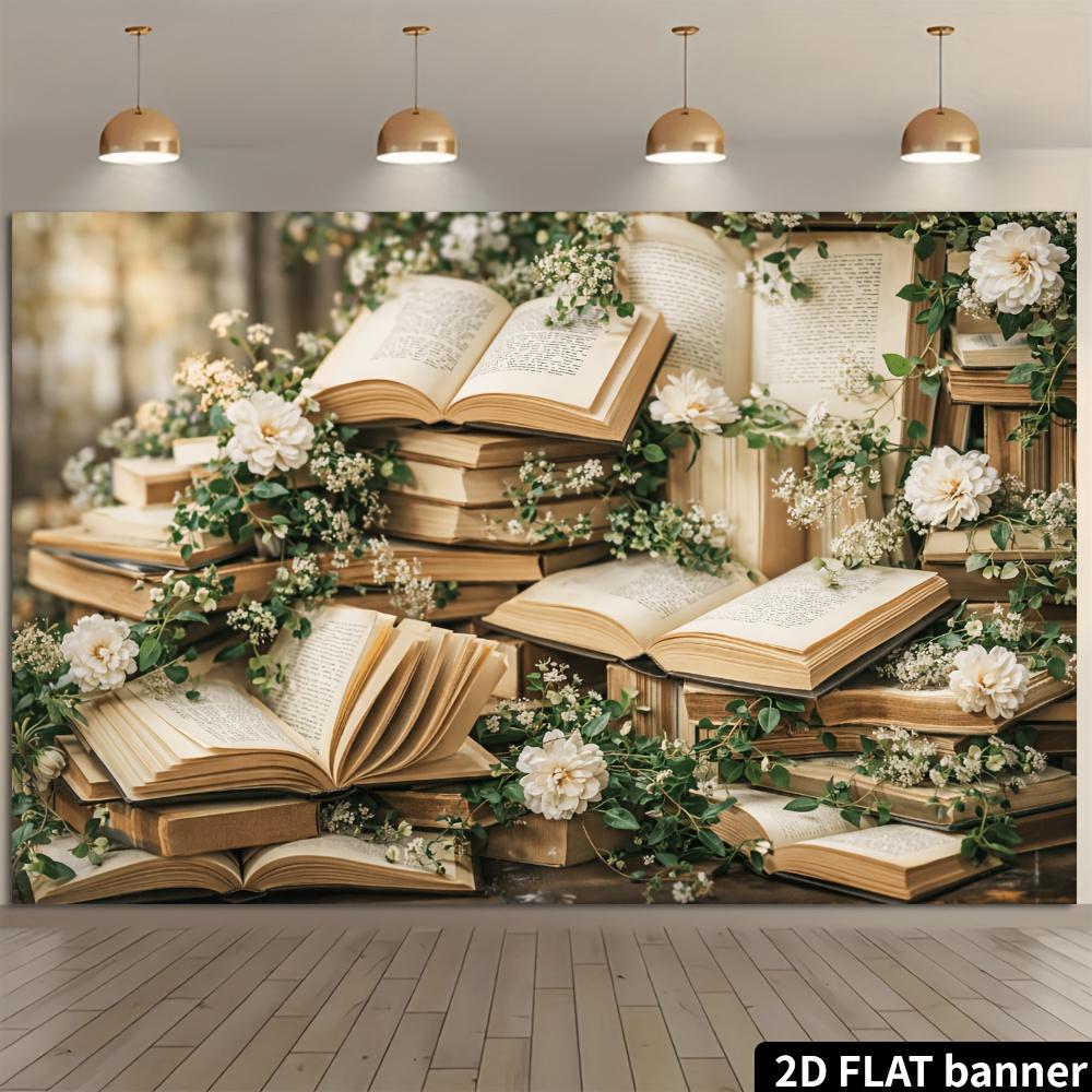 2D plane 1 piece of vintage book-themed horizontal background fabric with stacked old books
