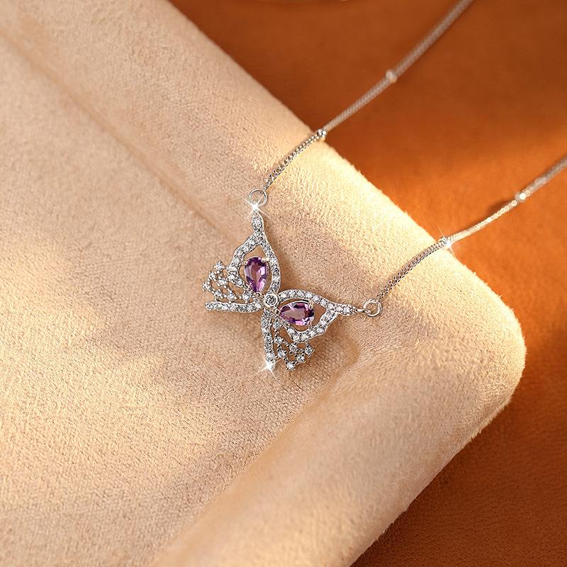 New S925 whole body sterling silver natural crystal stone full diamond pendant inlaid with butterfly colored treasure necklace women