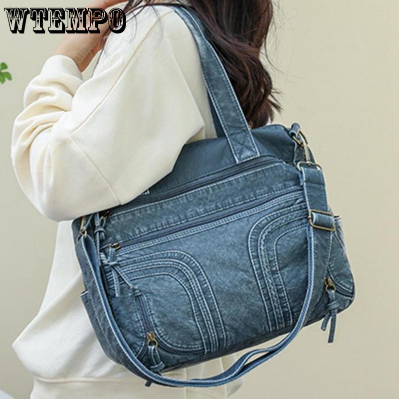 WTEMPO Ретро мытая кожаная сумка Модная женская большая сумка большой емкости с несколькими карманами