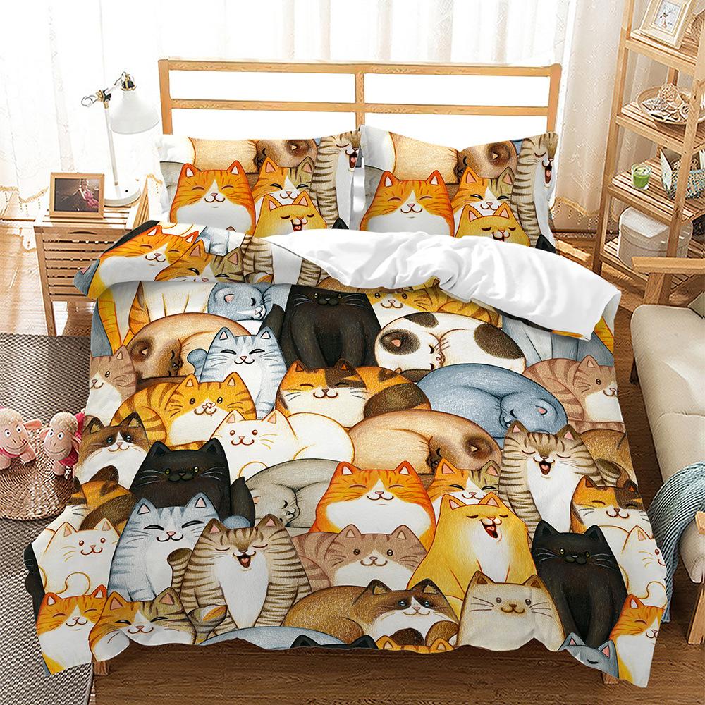 Cute Cartoon Cat Bedding Set Soft Microfiber Bed Linen With Pillowcases Queen King Single Size Animals 135X200Cm Duvet Cover Set
