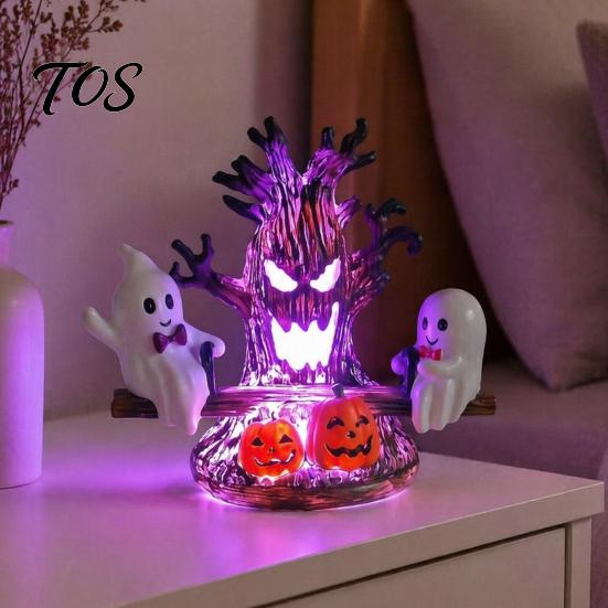 Gothic Atmosphere Halloween Decor Animated Seesaw Ghost Light, USB Powered 3D Night Cute LED Lightweight Ornament Lamp with Spooky Tree And