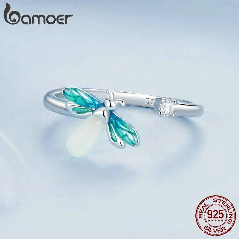 BAMOER 925 Sterling Silver Luminous Firefly Adjustable Ring & Earrings Jewelry Set Glow-in-the-dark Bee Opening Ring for Women