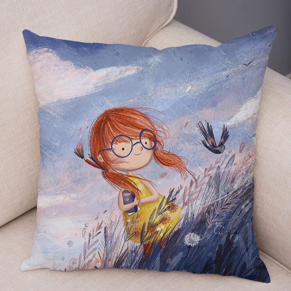 Super Soft Plush Pillow Case for Sofa Home Watercolor Cartoon Girl Cushion Cover Decor Fairy Tale World Lovely Child Pillowcase