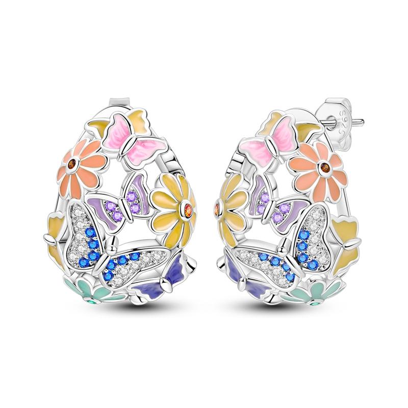 925 Silver Earrings Shining Zircon Cherry Rainbow Flower Mushroom Iris Flower Hoop Earring for Women Party Jewelry Gift