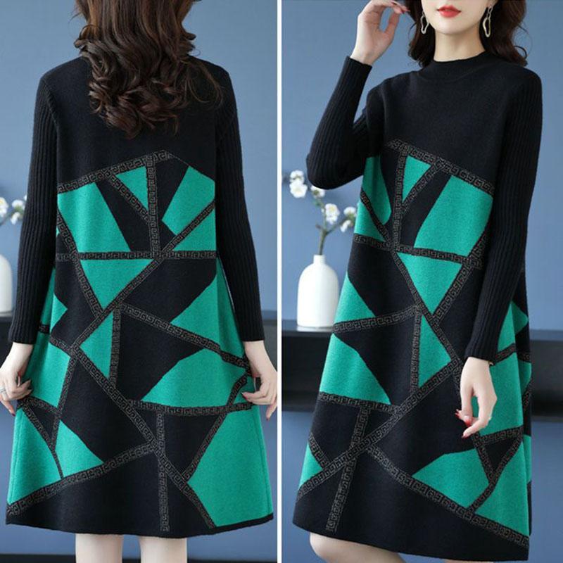 Высококачественное трикотажное платье больших размеров, осенне-зимнее платье-свитер с принтом средней длины, А-силуэт, плотное свободное платье-свитер длиной до колена