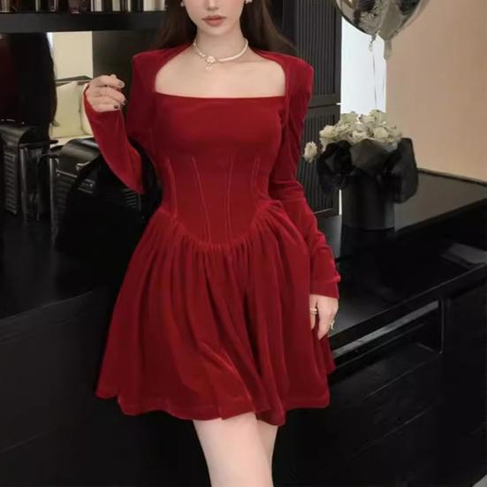 Women Dress Square Neck Pleated A-line Long Sleeves Pleated Slim Waist Velvet Mini Dress Prom