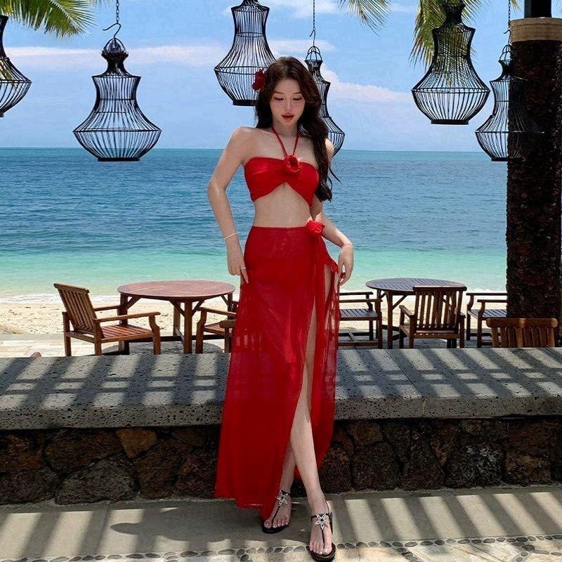 Бикини Купальник Женский Раздельный Красный Трехкомпонентный Пляжный Отдых