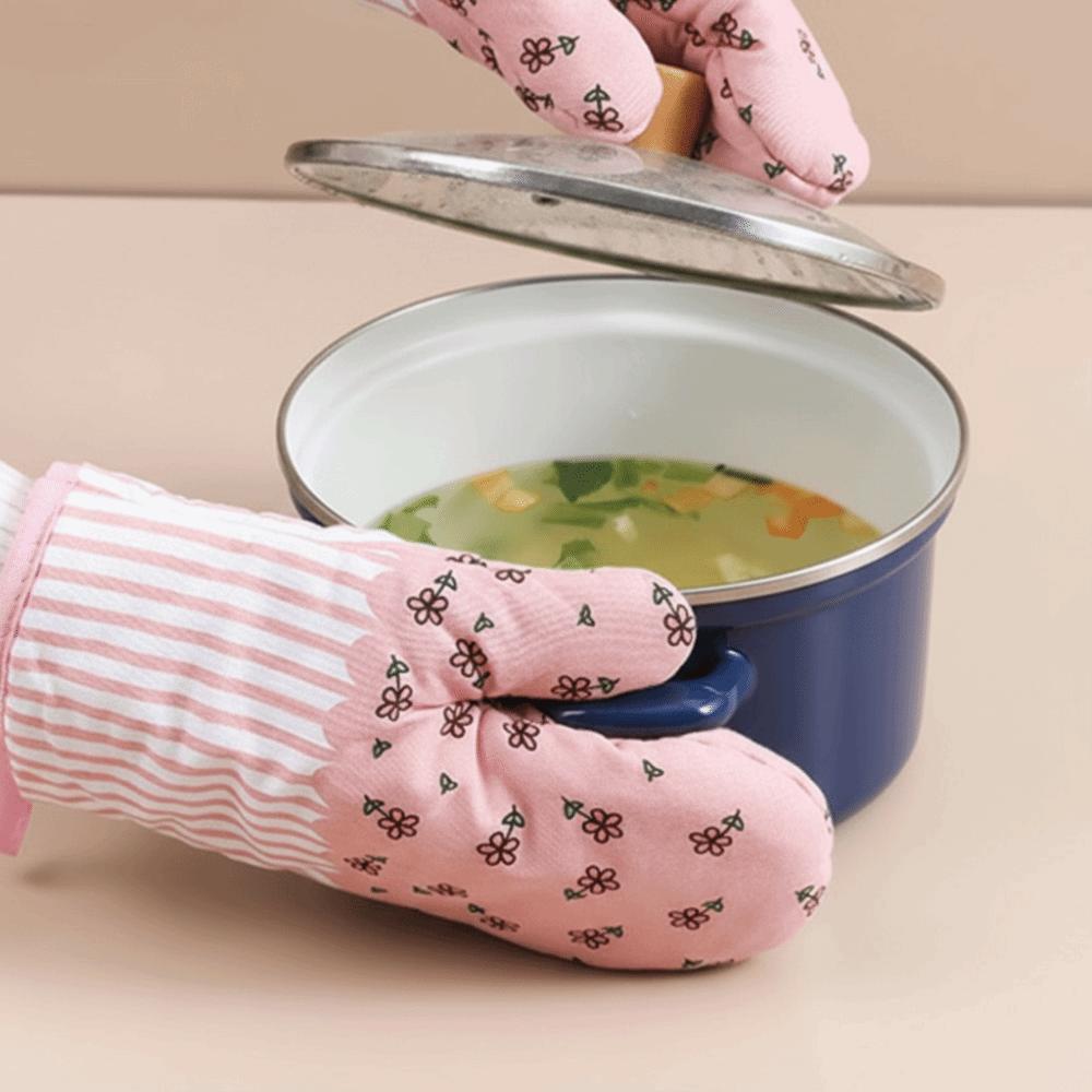Printed Flower Dots Oven Mitts Thickened Microwave Gloves Heat Insulation Gloves High Temperature