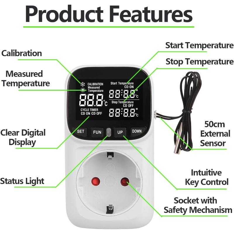 16A 230V Digital Thermostat Outlet, Smart Temperature Controller with External Sensor, LCD Display, Temperature Range -40℃ to 120℃,