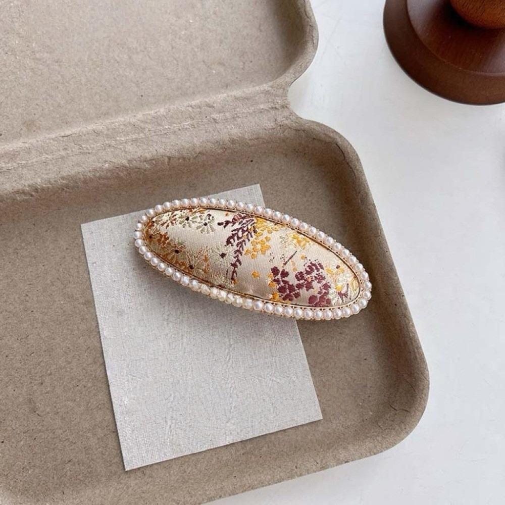 Gold Silk Fabric Songzhen Hair Clip Chinese Style Silk Hair Clip Vintage Pearl Inlay Hairpin  Girls