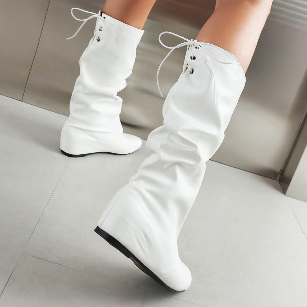 Fashion Autumn Winter Women Mid Calf Boots Casual Slip on Lace up Long Boots Flats Fashion Pleated Round Toe Black Elegant Botas Female