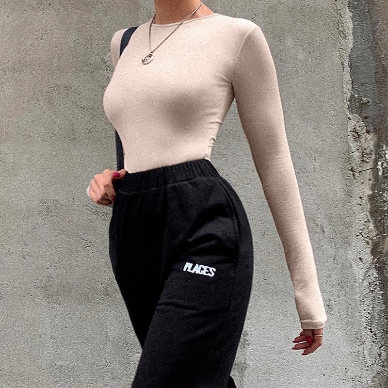 Тонкое женское сексуальное боди, однотонное модное облегающее женское боди с длинными рукавами и круглым вырезом, повседневное черно-бежевое женское боди