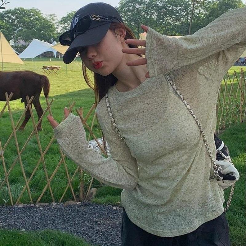 Тонкий свободный солнцезащитный чехол для кондиционера Lazy Niche на весну и осень, утягивающая футболка с круглым вырезом, трикотажный топ с длинными рукавами