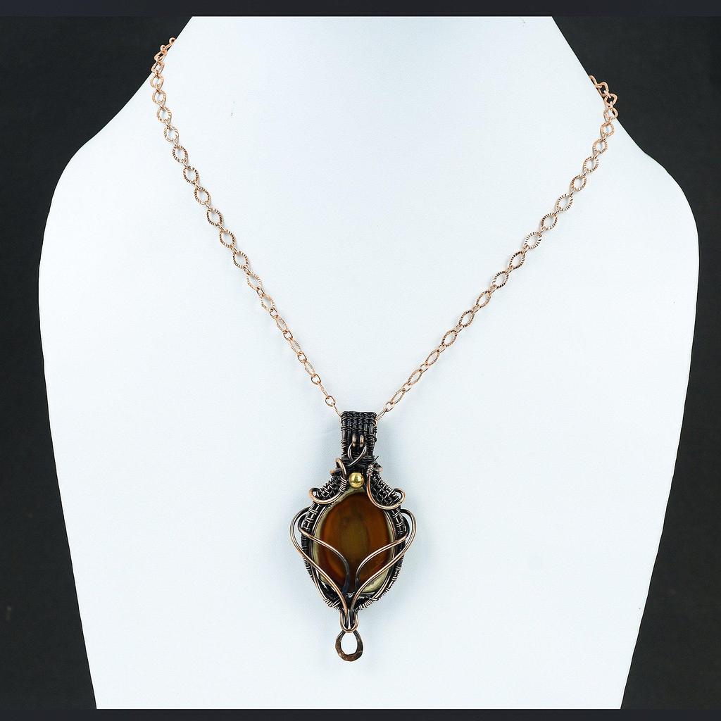 Императорский драгоценный камень яшма, обернутый медной проволокой, медные украшения, медная проволока, ювелирные изделия ручной работы для женщин, дизайнерский кулон, подарок для нее