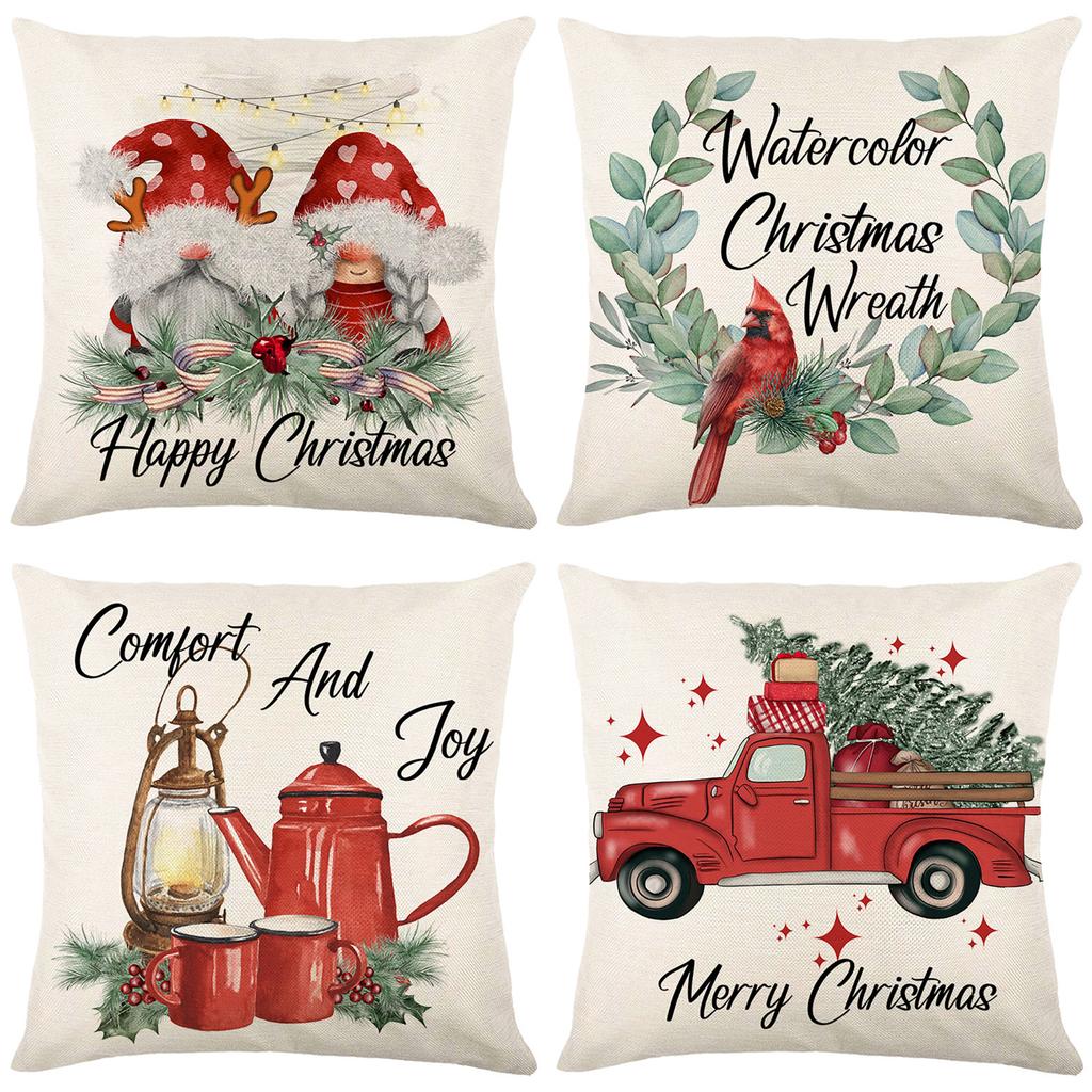 New Christmas pillow cover linen festival pillow bedside cushion four-piece set