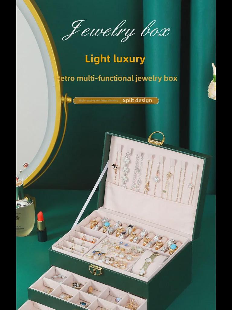 Three-Layer PU Leather Jewelry Box with Velvet Storage and Large Capacity Drawer