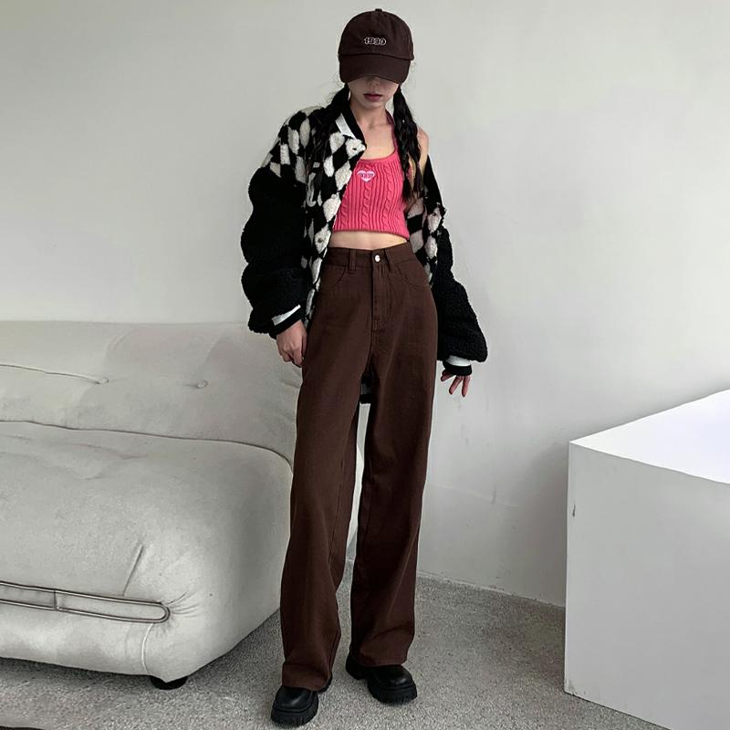 Коричневые джинсы, женские летние мешковатые прямые широкие брюки с высокой талией, женские повседневные уличные брюки Y2k, винтажные джинсовые брюки