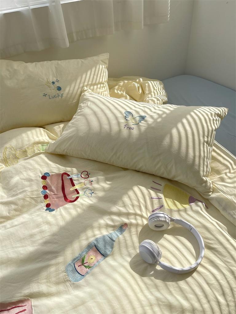 Стираный хлопок с вышивкой «девчачье сердце» из чистого хлопка, комплект из четырех предметов из стираного хлопка, простыня из чистого хлопка, пододеяльник