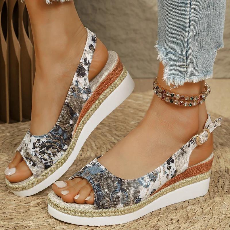 Fashion Retro Mix Color Print Sandals for Women Fashion Back Strap Peep Toe Sandal Woman Anti-Slip Weightlight Wedge Sandalias Mujer