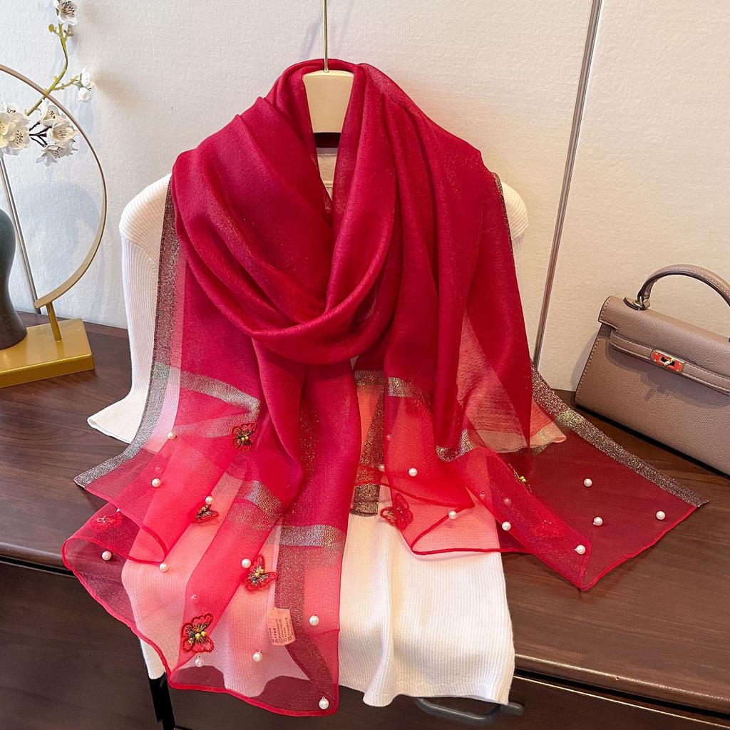 New Versatile Shawl Imitation Silk Thin Silk Scarf for Women Spring and Summer Butterfly Pearl Light Luxury Fashionable Warm Neck Protection Shawl