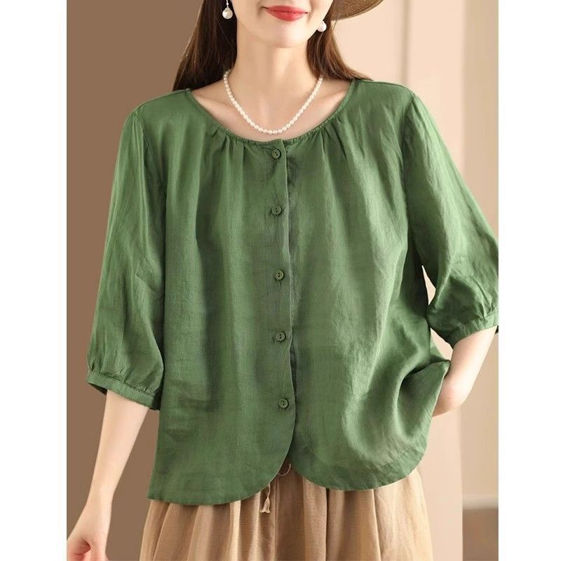 Хлопково-льняная однотонная простая футболка с круглым вырезом, свободная женская одежда, лето, новинка, свободный, универсальный, с темпераментом, кардиган-топ