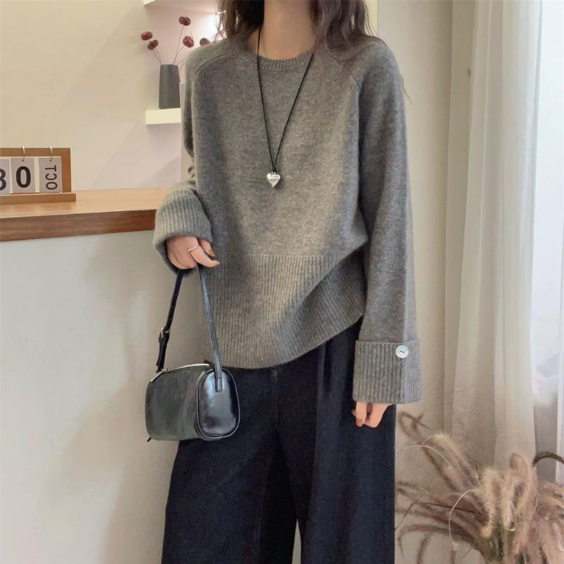 Autumn Winter Round Neck Solid Color Pullover Knitting Top Women Simple All-match Bottomed Sweater